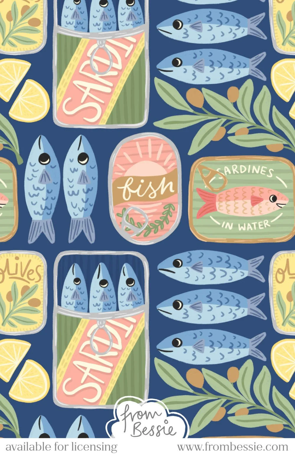 Allover maximalist pattern with sardines, canned fish, olives, and lemon slices arranged horizontally and vertically. Navy blue and yellow color scheme. Designed by Bessie Ng.