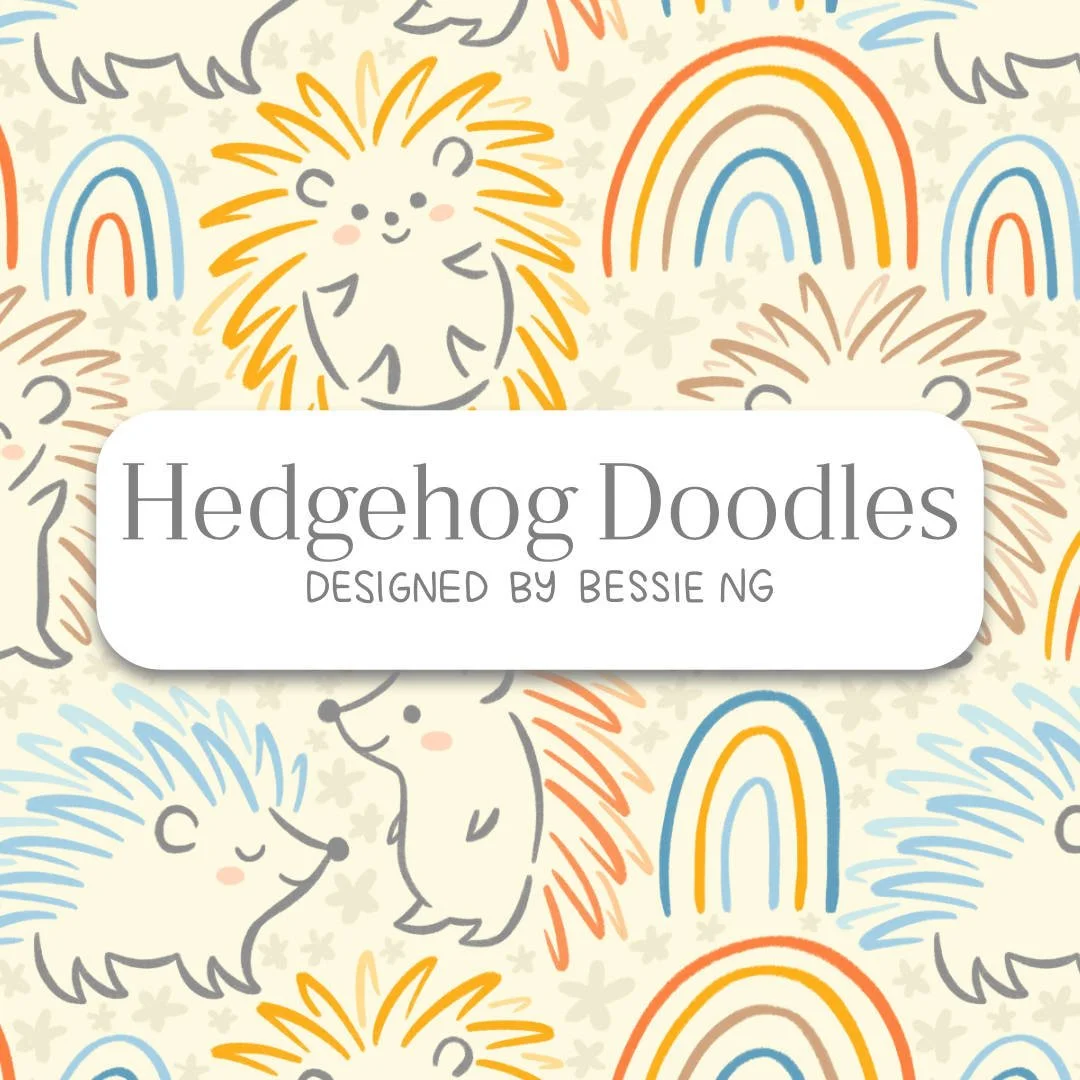 A pattern background cute hedgehog doodles and rainbows on a cream background. White rectangle at the centre with text saying “Hedgehog Doodles, designed by Bessie Ng"