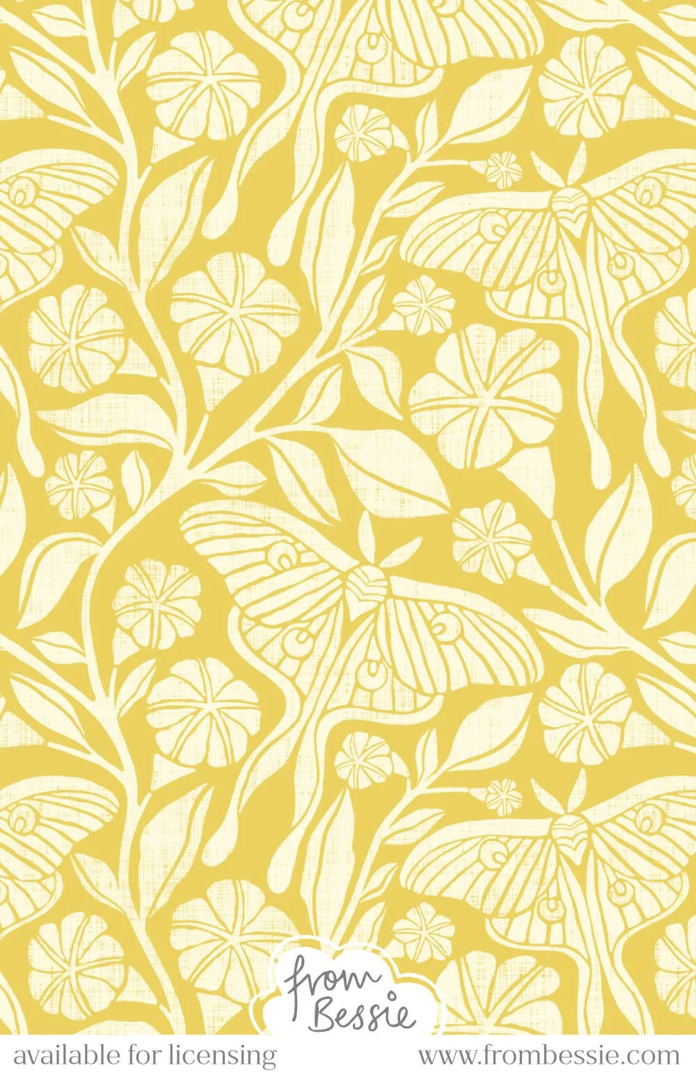 A flowing, trailing pattern with block print white moths and moonflowers, on a gold mustard yellow background, in rough linen texture. Designed by Bessie Ng.