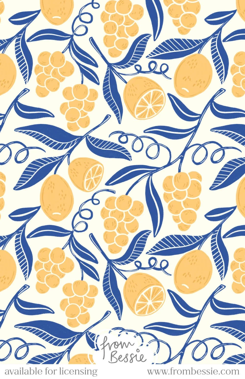 An allover seamless pattern with organic grape and lemon branches with twirling vines, with rough pencil texture. In yellow and blue on a white background. Designed by Bessie Ng.