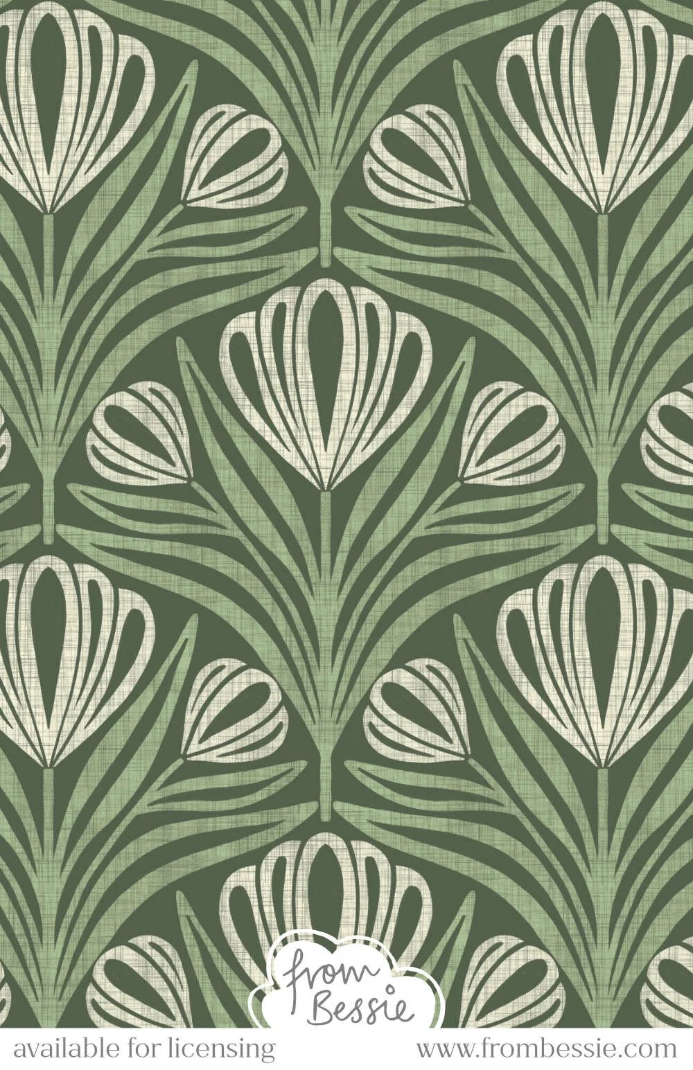 A symmetrical, dense seamless pattern with block print crocus and leaves in a shell layout. Textured floral design with a Scandi aesthetic. White and sage green on dark forest green. Designed by Bessie Ng.