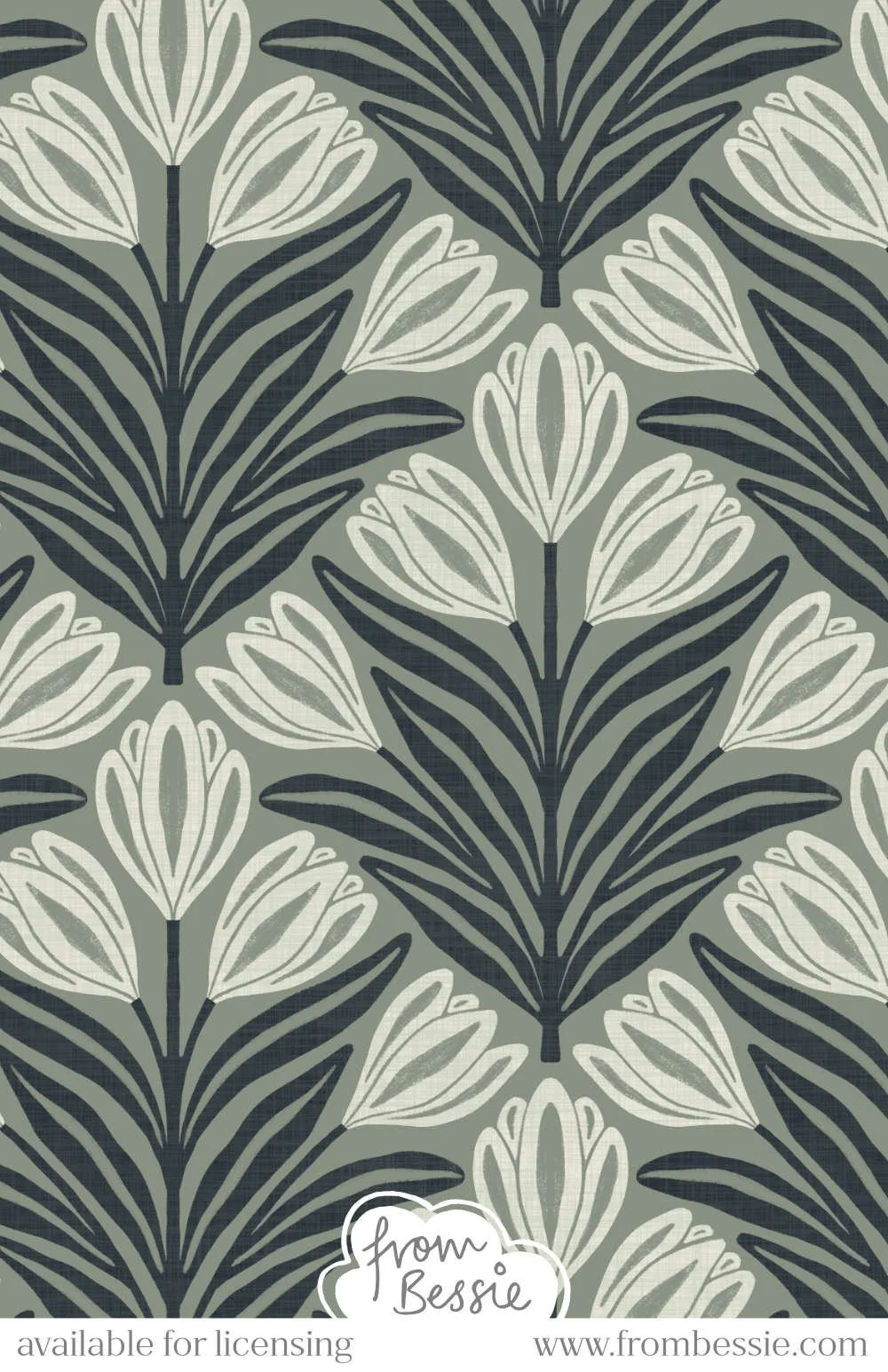 A symmetrical, dense seamless pattern with block print crocus and leaves in a diamond layout. Textured allover design with a Scandi aesthetic. White and navy blue on green grey. Designed by Bessie Ng.