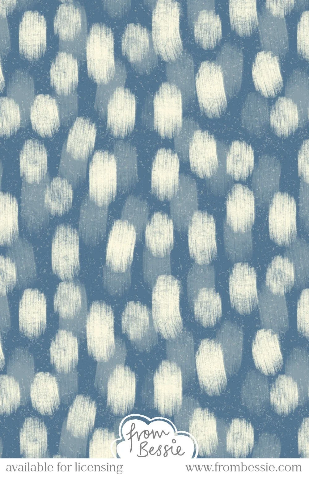 Allover abstract textured pattern with organic, gouache paintbrush stroke polka dots in cream white, on a navy blue background. Designed by Bessie Ng