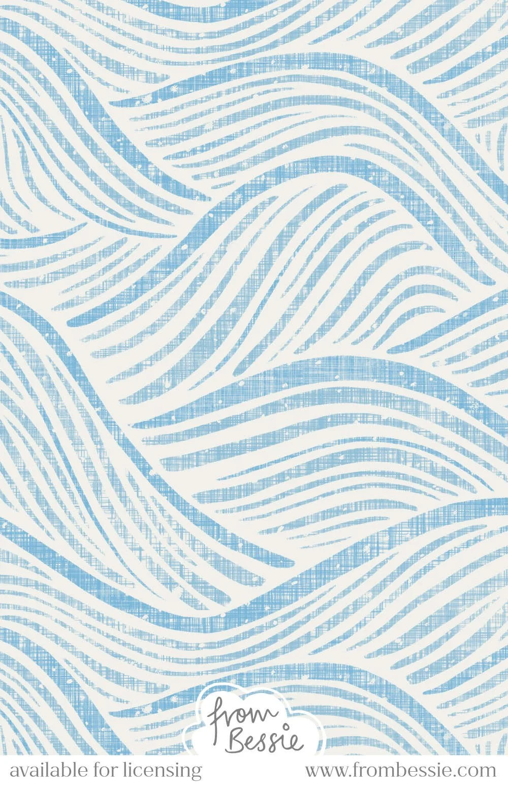 Allover abstract textured pattern with organic, block print brush strokes in wave and hill shapes, in sky blue on a cream background. Designed by Bessie Ng