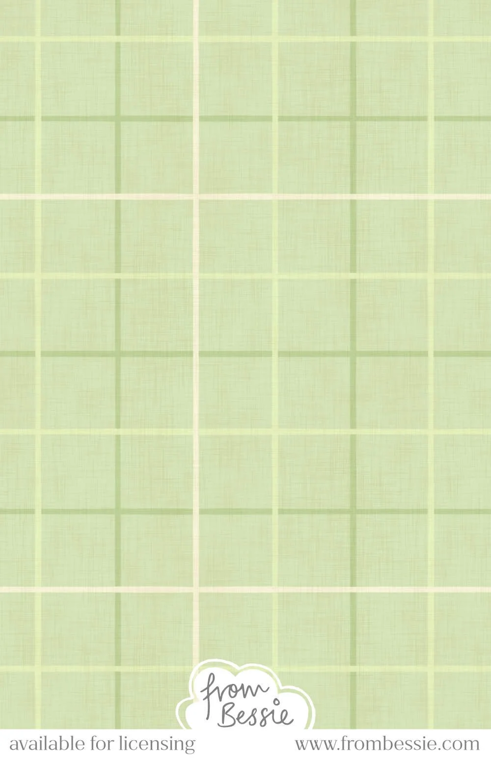 A plaid pattern with a sage green background, with cream and mint green grid lines, and an overlaying rough linen texture. Designed by Bessie Ng
