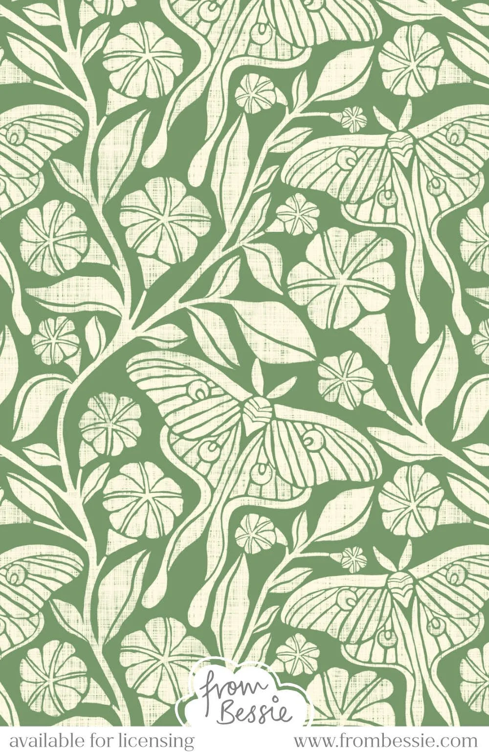 A flowing, trailing pattern with block print white moths and moonflowers, on a forest green background, in rough linen texture. Designed by Bessie Ng.