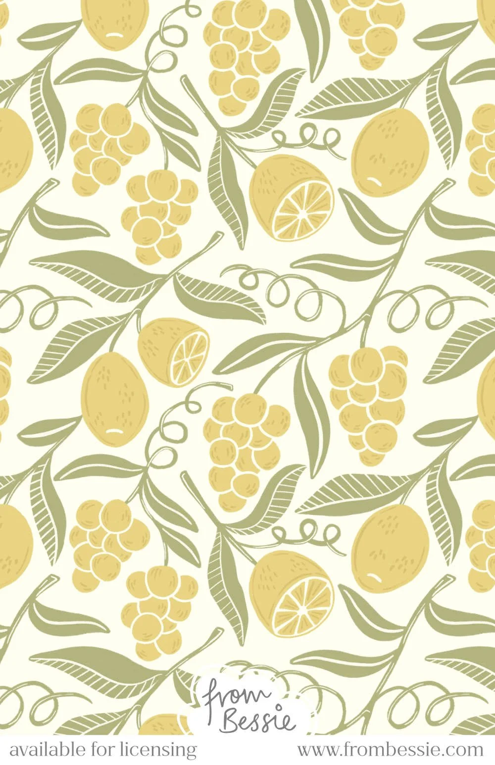 An allover seamless pattern with organic grape and lemon branches with twirling vines, with rough pencil texture. In green and gold on a white background. Designed by Bessie Ng.