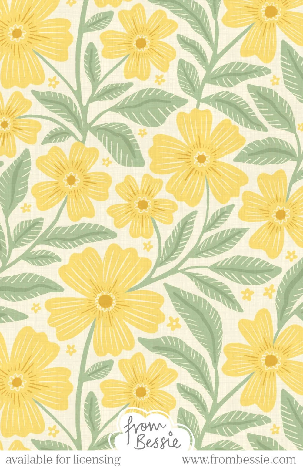 Allover trailing floral pattern with abstract pastel yellow flowers with 5 petals and green leaves and vines on a cream background. Designed by Bessie Ng
