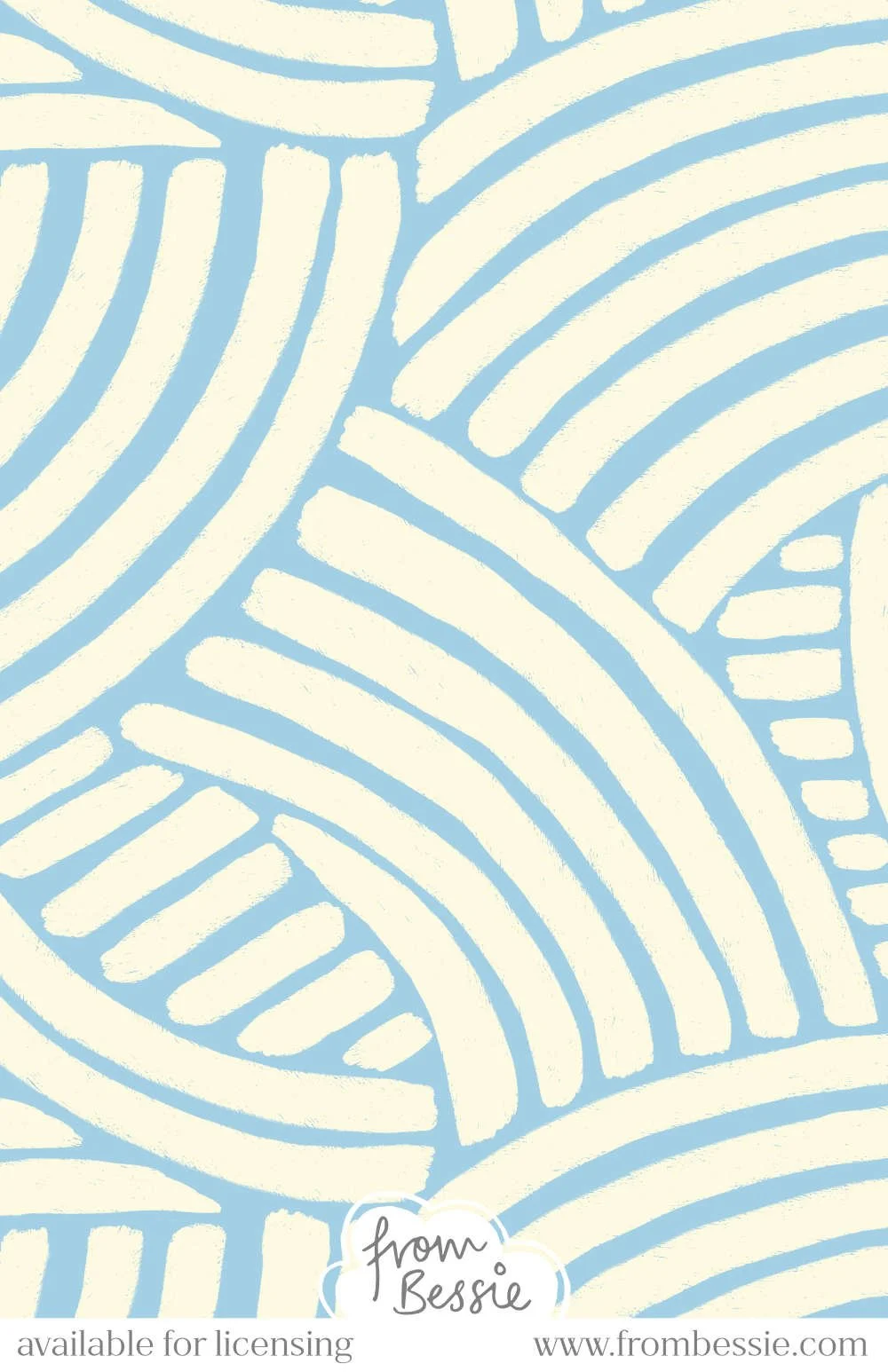 Allover maximalist yet simple pattern with bold, thick, white curved lines in rough pencil texture, arranged to fit together like a puzzle, on a pastel sky blue background. Designed by Bessie Ng.