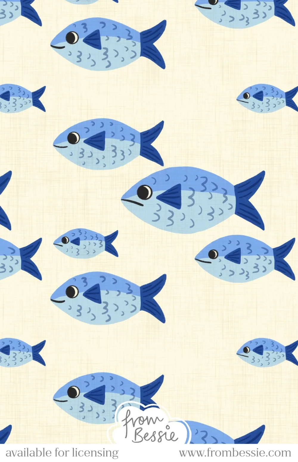Randomly scattered, horizontal cute sardines in navy and cobalt blue, fish are of varying sizes, all facing left, on a cream background. Designed by Bessie Ng.