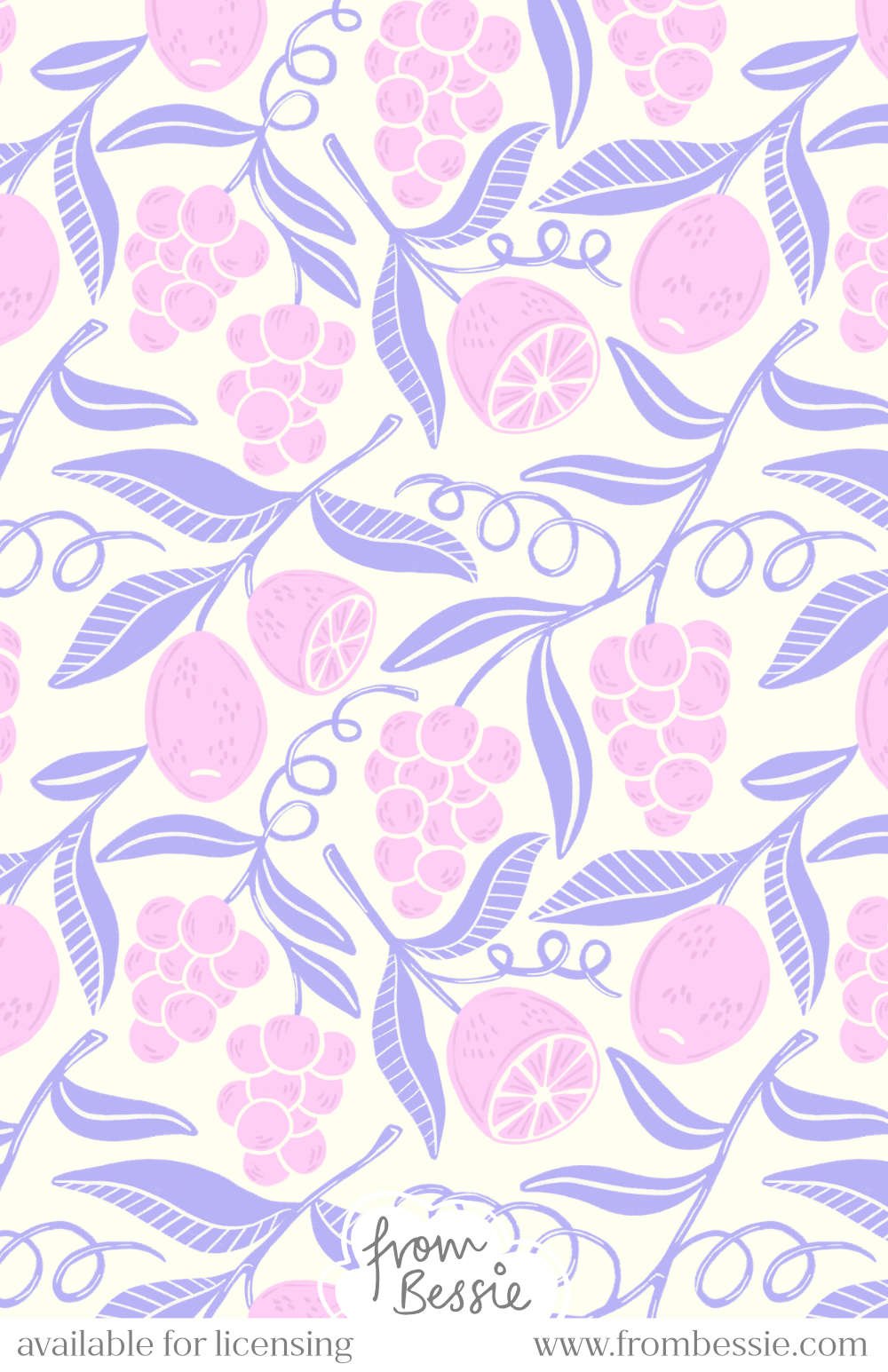 An allover seamless pattern with organic grape and lemon branches with twirling vines, with rough pencil texture. In pink and purple on a white background. Designed by Bessie Ng.