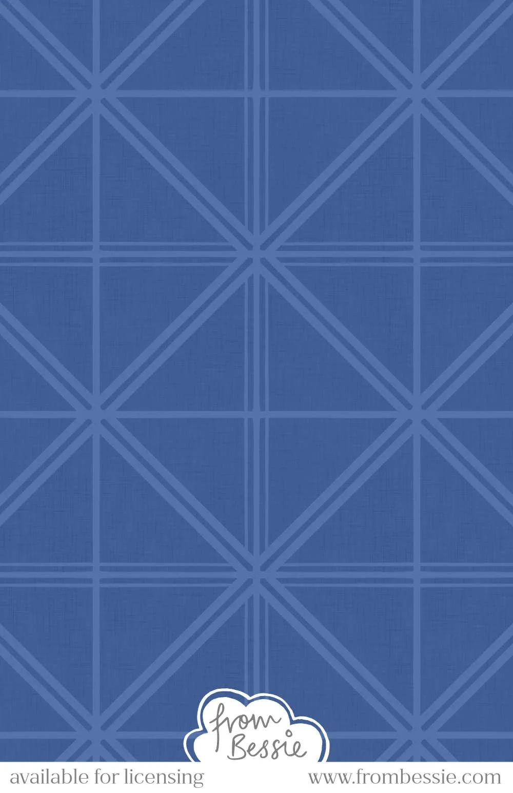 A linen textured geometric seamless pattern with square tiles and lines crossing horizontal, vertical, and diagonal, creating a diamond layout. A simple, monochromatic navy blue pattern. Designed by Bessie Ng.