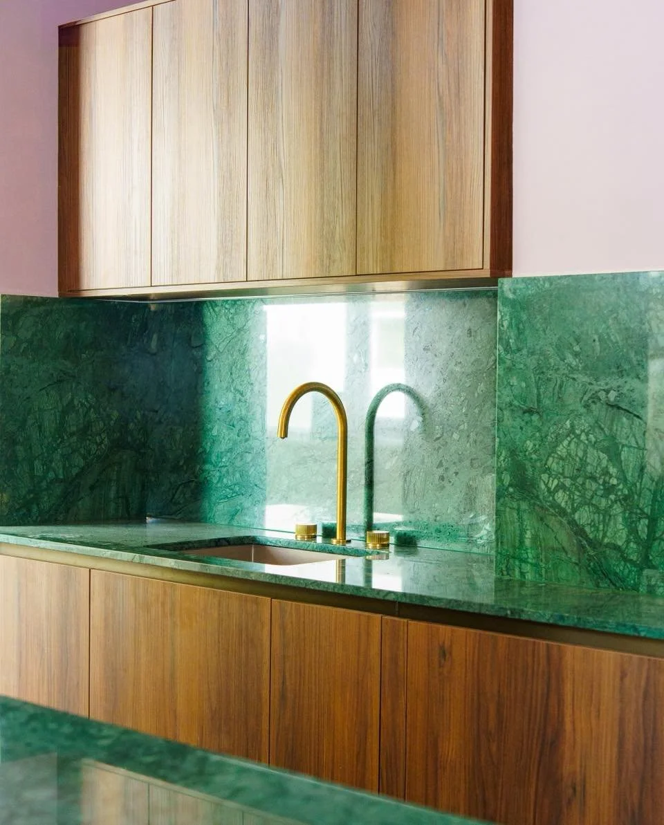 Ventnor Villas is starting to properly take shape. From rich green stone worktops and full-height splashbacks to walnut cabinetry and deep jewel-toned bathroom finishes, the material palette is now bringing real personality into this Hove flat renova