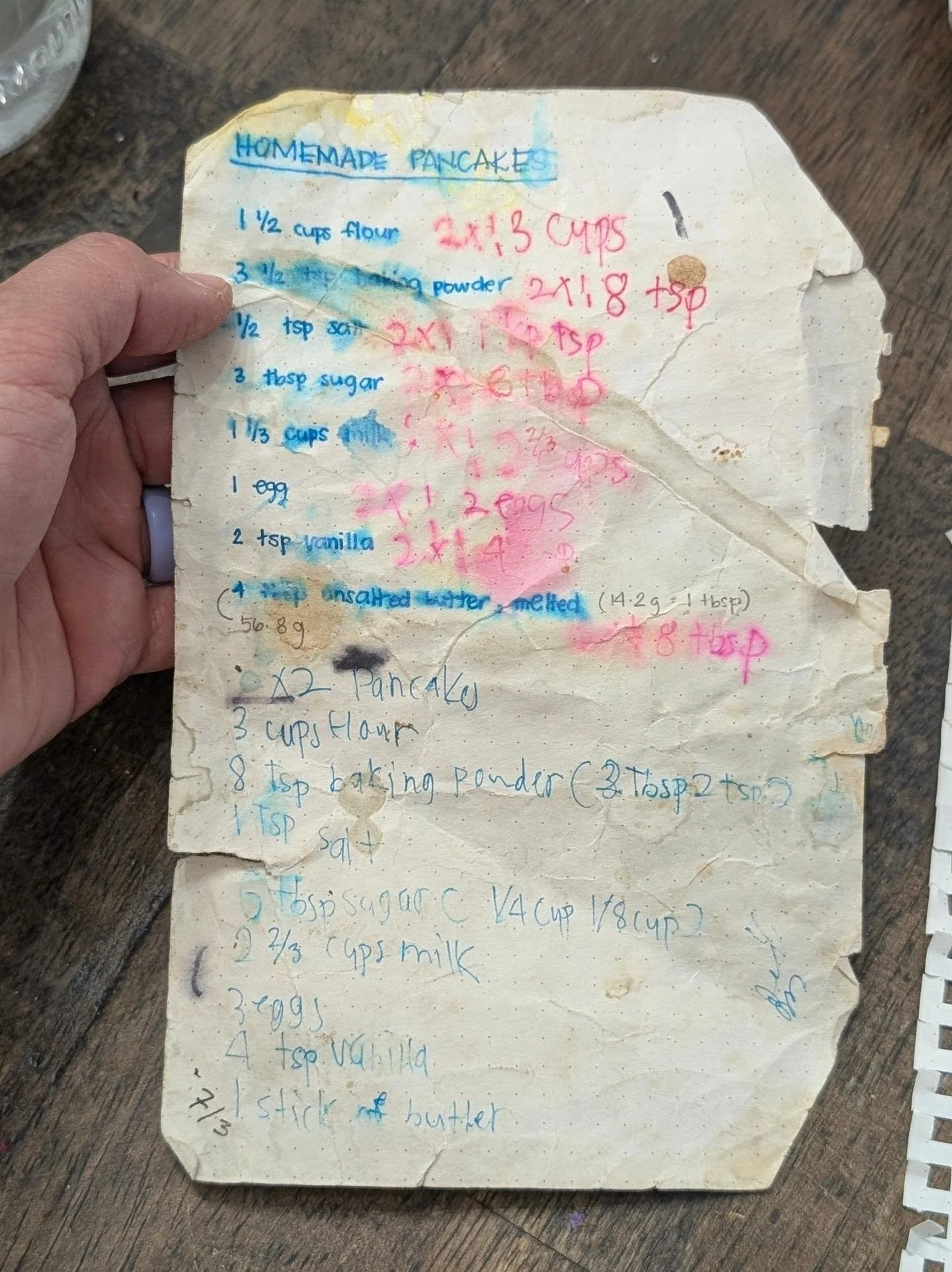 Our go-to pancake recipe has seen better days. Here's a more legible version 😋

3 cups flour
8 tbsp baking powder 
1 tsp salt
6 tbsp sugar
2 2/3 cup milk
3 eggs
4 tsp vanilla
1 stick butter, melted

Mix all ingredients in a large mixing bowl.

Scoop