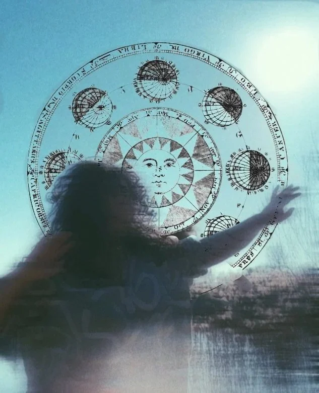 Silhouette of a girl with long hair reaching towards a mystical, celestial diagram projected on a foggy surface, featuring a central smiling sun and surrounding moon phases.