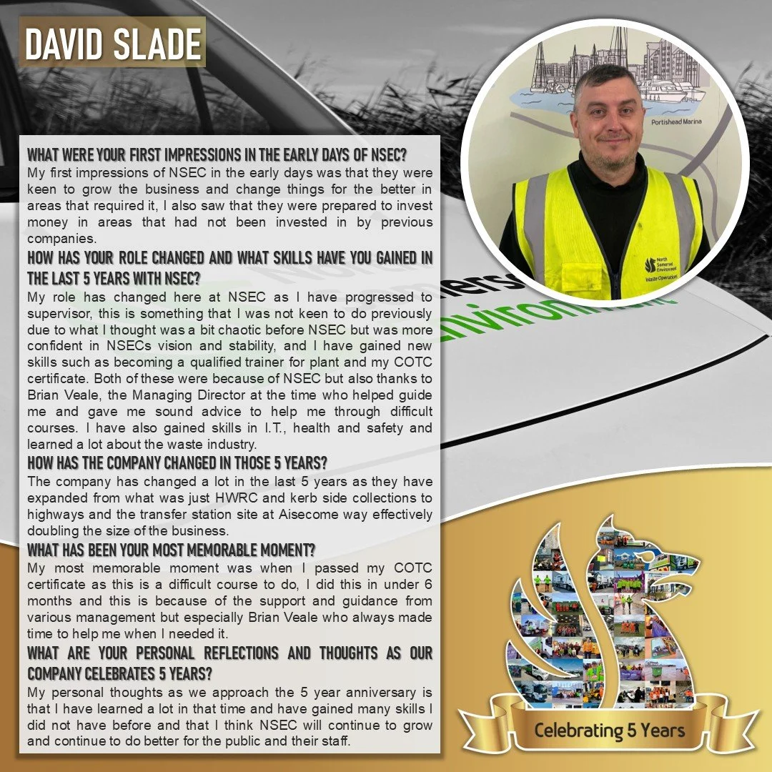 A graphic featuring an interview with David Slade about NSEC's 5-year anniversary. It includes his photo, a map of Portishead Marina, and a collage of various industry images with a gold banner reading 'Celebrating 5 Years'.