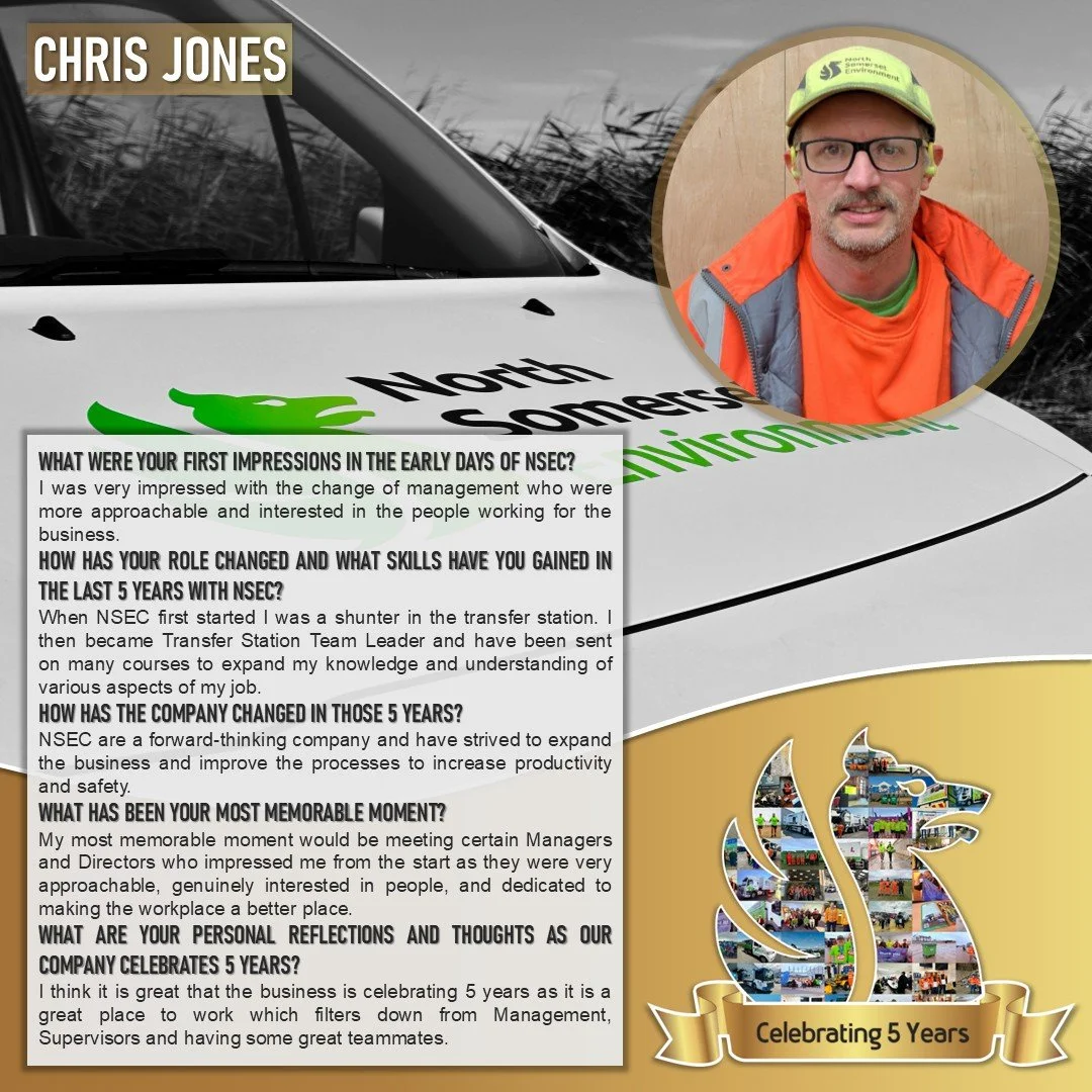 Interview with Chris Jones about his experience with North Somerset Environmental and their 5-year celebration, featuring a photo of Chris Jones in safety gear and a company logo with a globe and a banner reading "Celebrating 5 Years."