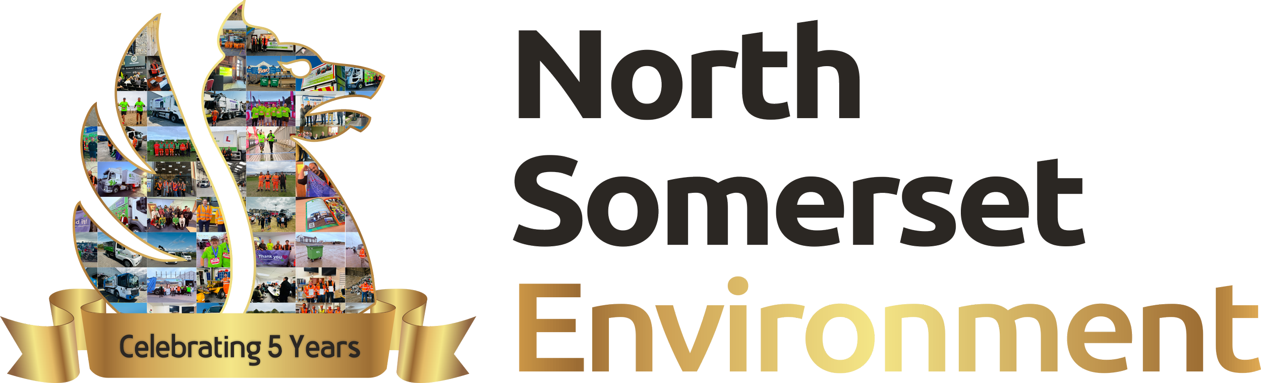 The logo for North Somerset Emergency, celebrating 5 years, featuring a stylized flame filled with small images of emergency response scenes, alongside the organization's name in black and gold text.
