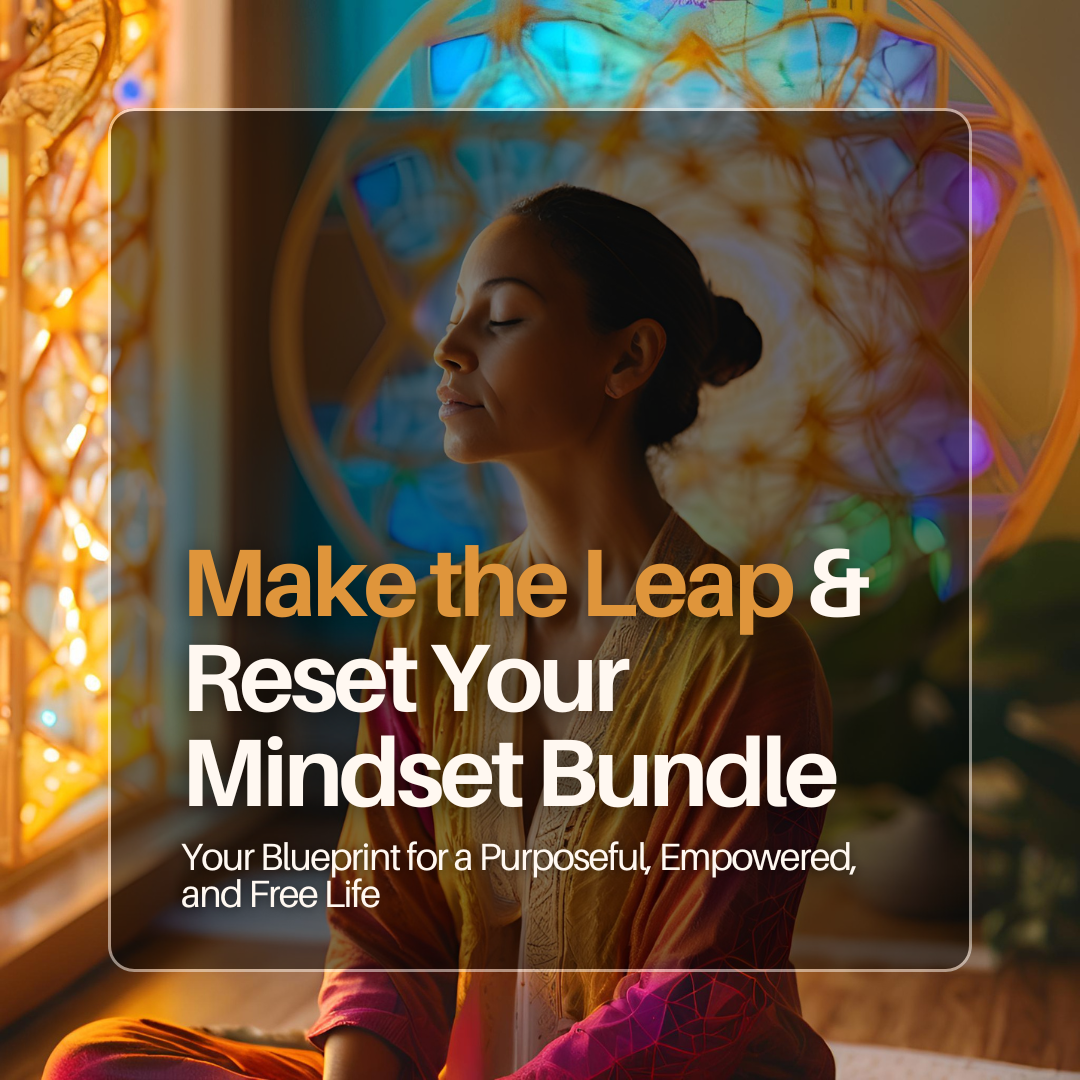 A woman with closed eyes is meditating indoors, sitting cross-legged near colorful, illuminated wall art with vibrant abstract patterns.