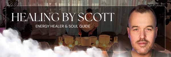 Image promoting 'Healing by Scott,' an energy healer and soul guide, with a background of people sitting at a table with candles and drinks, and a man with short hair and a beard in the foreground.