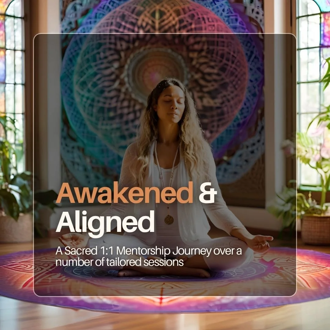 A woman sitting cross-legged on a colorful tapestry in a meditative pose with eyes closed, in a room with large windows, plants, and a vibrant mandala tapestry behind her, promoting a sacred mentorship journey.
