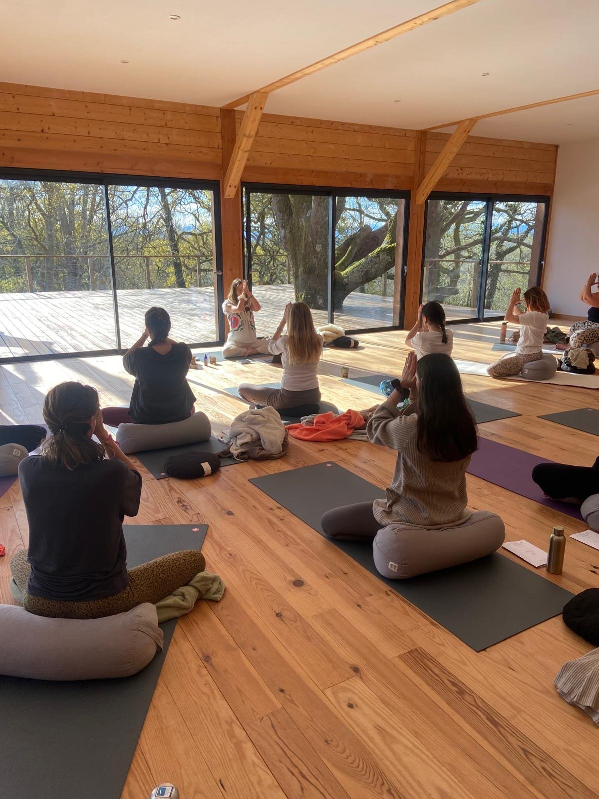 Groupe de personnes participant à un cours de yoga ou de méditation dans une pièce en bois avec de grandes fenêtres donnant sur la nature.