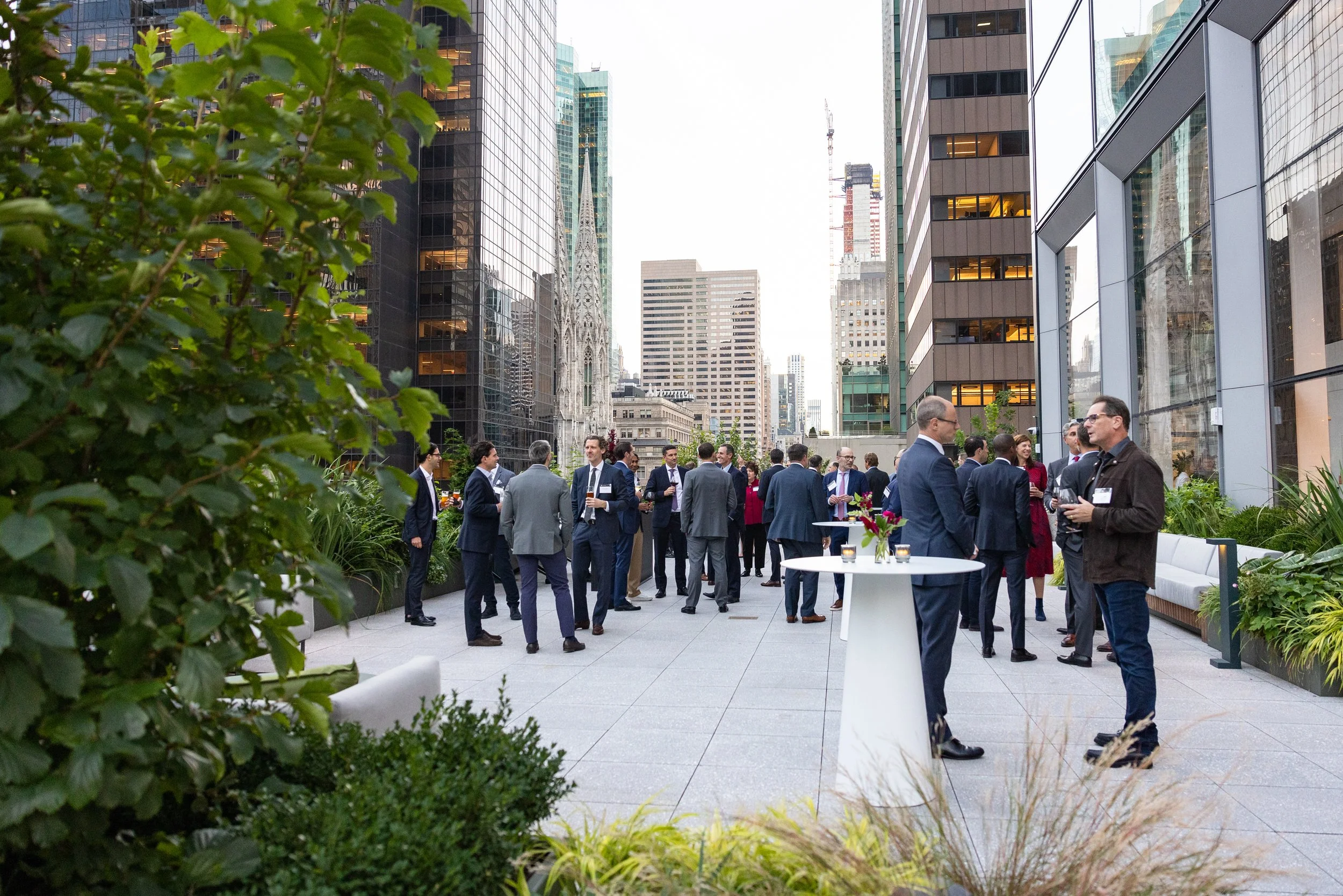 Wide shot of an outdoor corporate party on Fifth Avenue in New York 