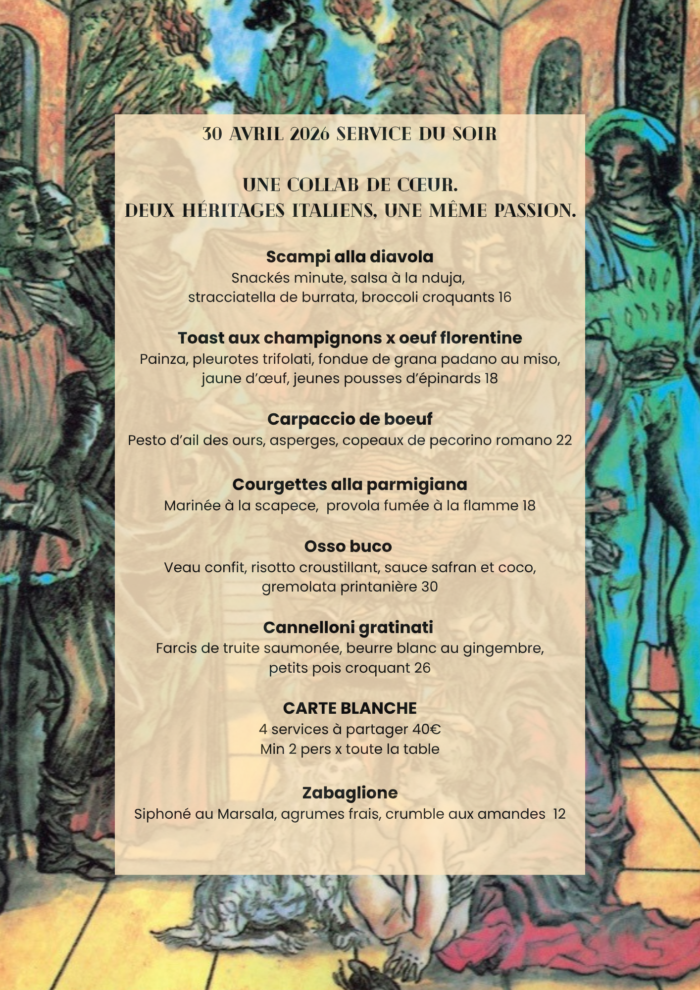 MATTO ✕ AL PICCOLO MONDO JEUDI 30 AVRIL
Une collab de cœur entre deux héritages italiens.
Tradition vs bistronomie.
Classiques réinterprétés, le temps d’une soirée unique.
Places limitées.