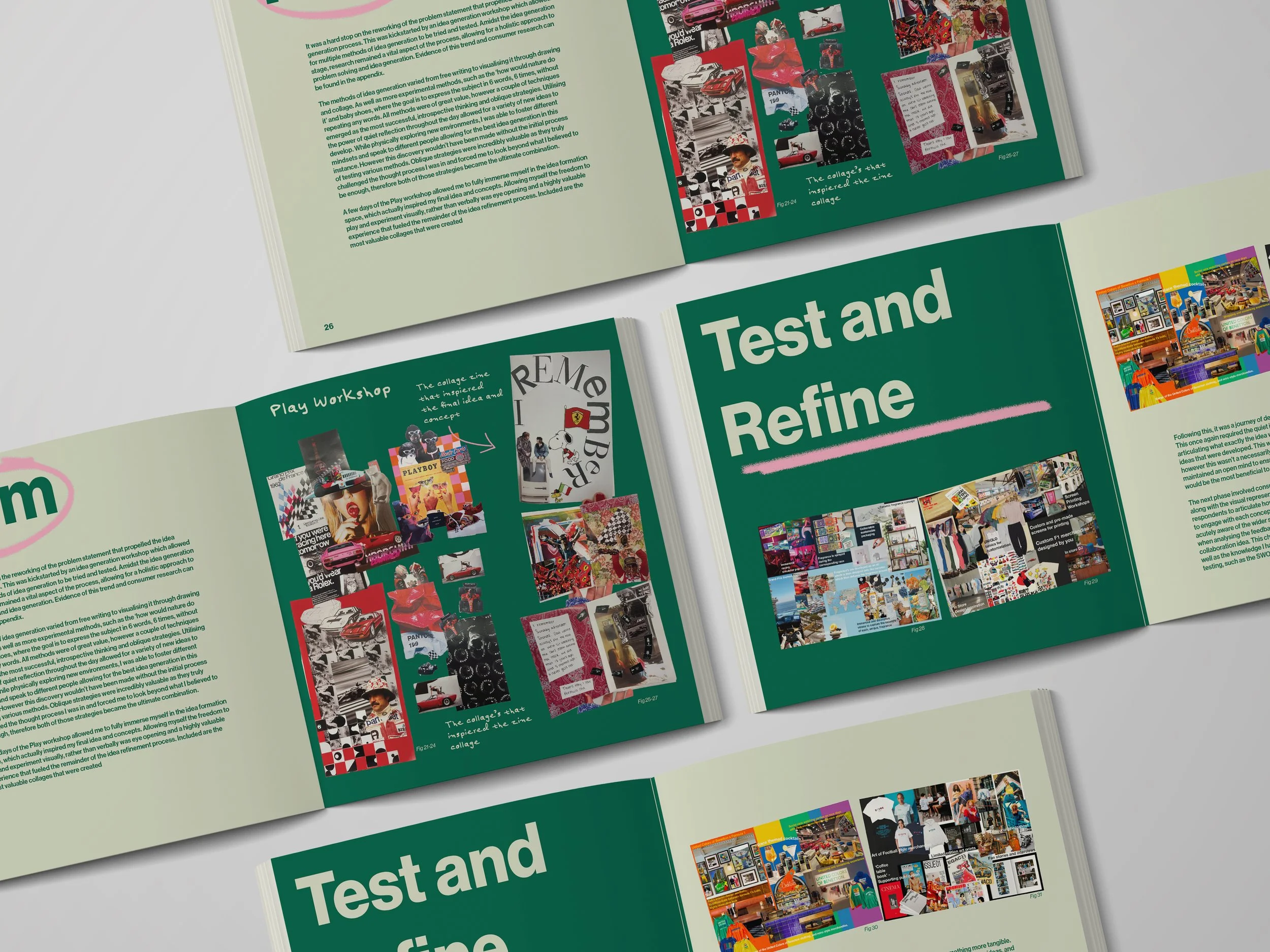 Open magazine pages displaying collage art, colorful images, and text. One page features the phrase "Test and Refine" in large white font on a dark green background.