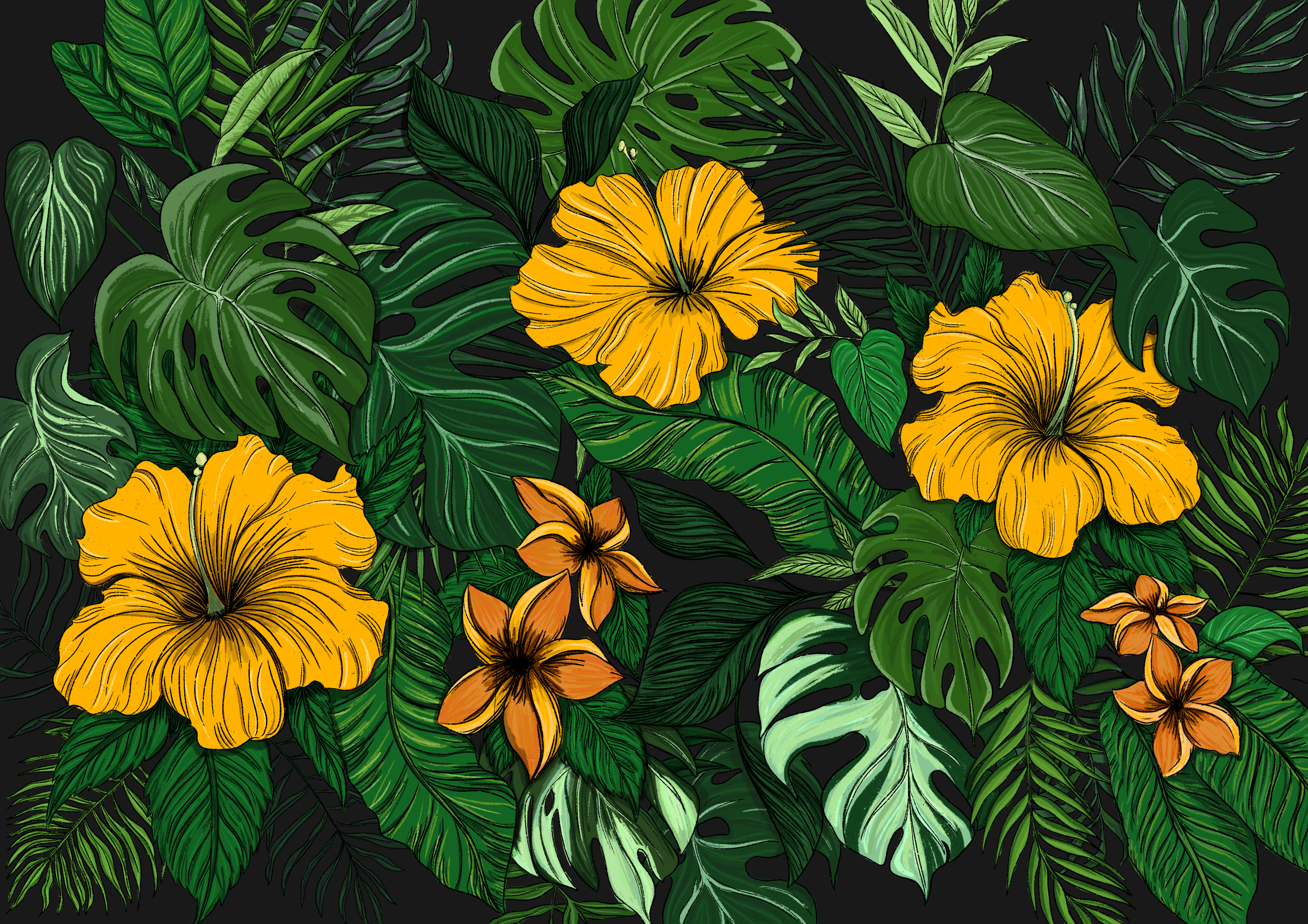 A vibrant pattern of tropical leaves and yellow hibiscus flowers on a black background.