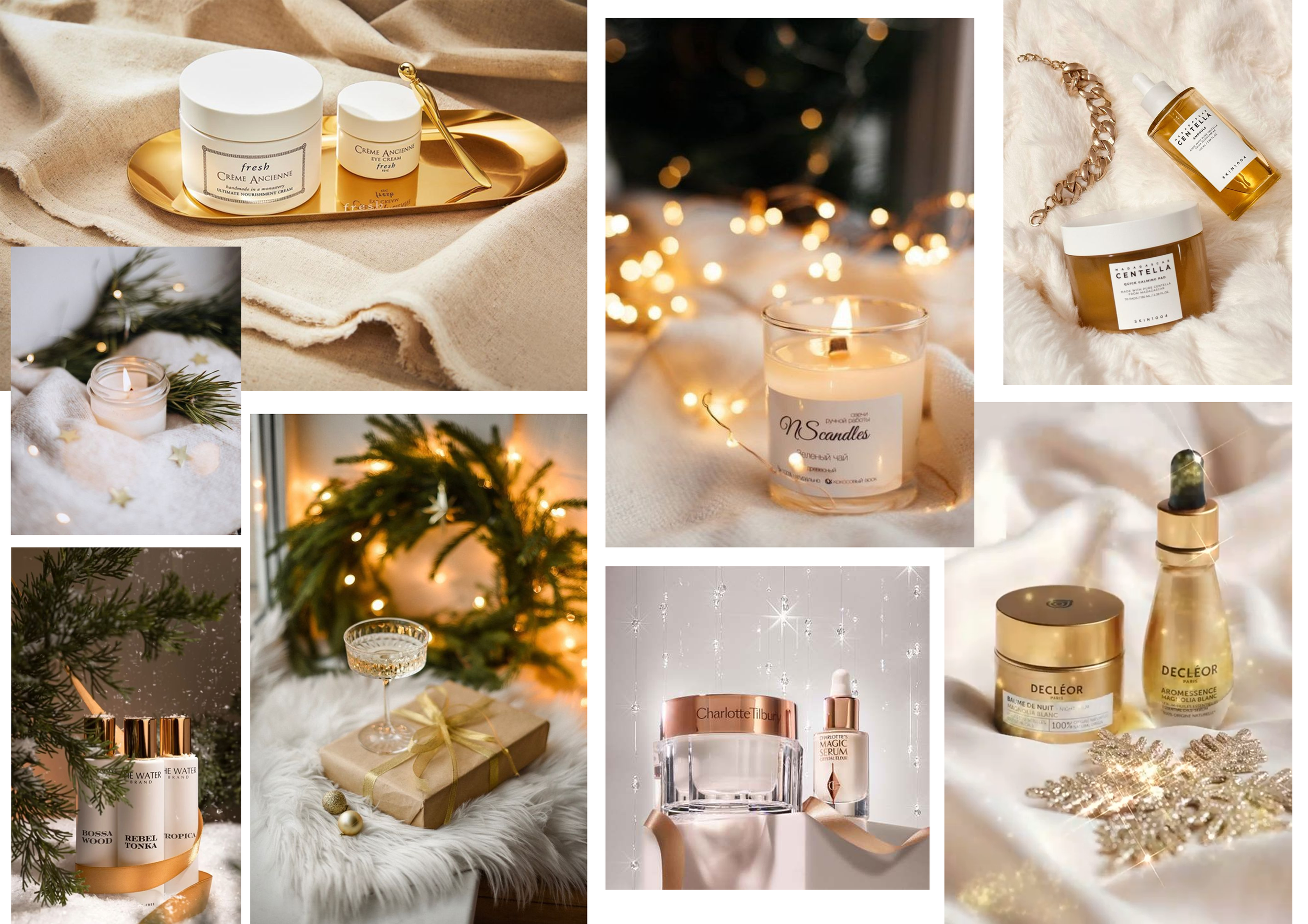 A collage of images featuring skincare products, candles, Christmas decorations, a gift box with a bow, and festive lighting.