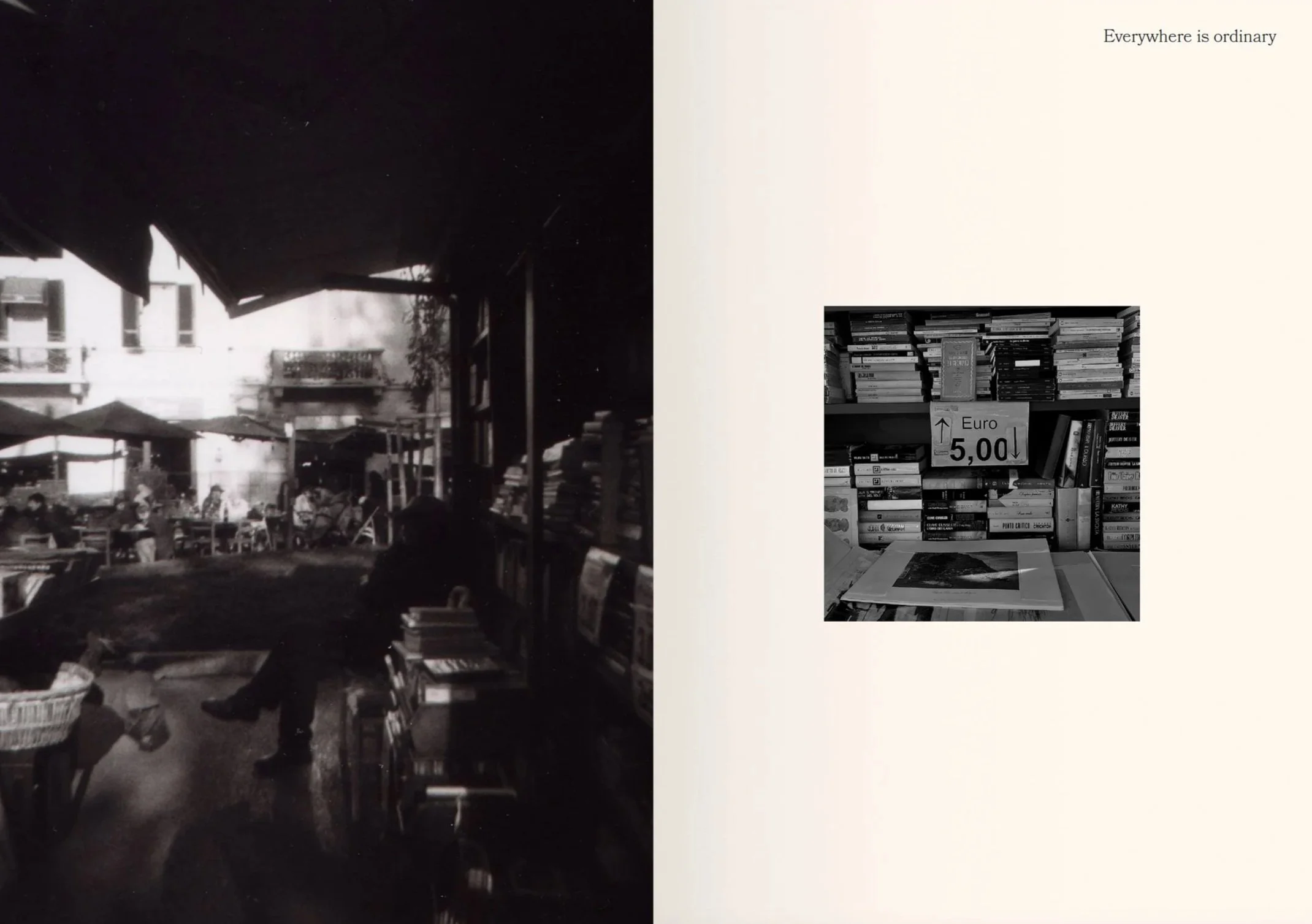 A split image showing an outdoor market scene in black and white on the left with people shopping and sitting at tables, and a bookstore shelf with books and a sign indicating a price of 5 euros on the right.