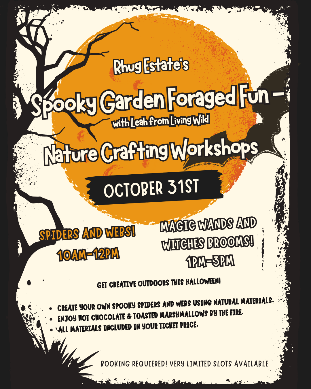 A Halloween-themed flyer advertising a spooky garden foraged fun event at Rhug Estate on October 31st. The event includes nature crafting workshops, spider and web activities from 10 AM to 12 PM, and magic wands with witches brooms from 1 PM to 3 PM.