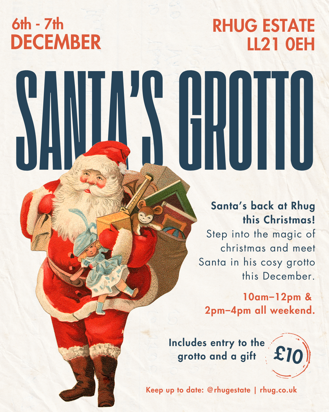 A vintage poster promoting Santa's grotto at Rhug Estate from December 6th to 7th, featuring an illustration of Santa Claus carrying a sack of presents, with children and toys. It details event times, entry fee of £10, and includes a website and soci