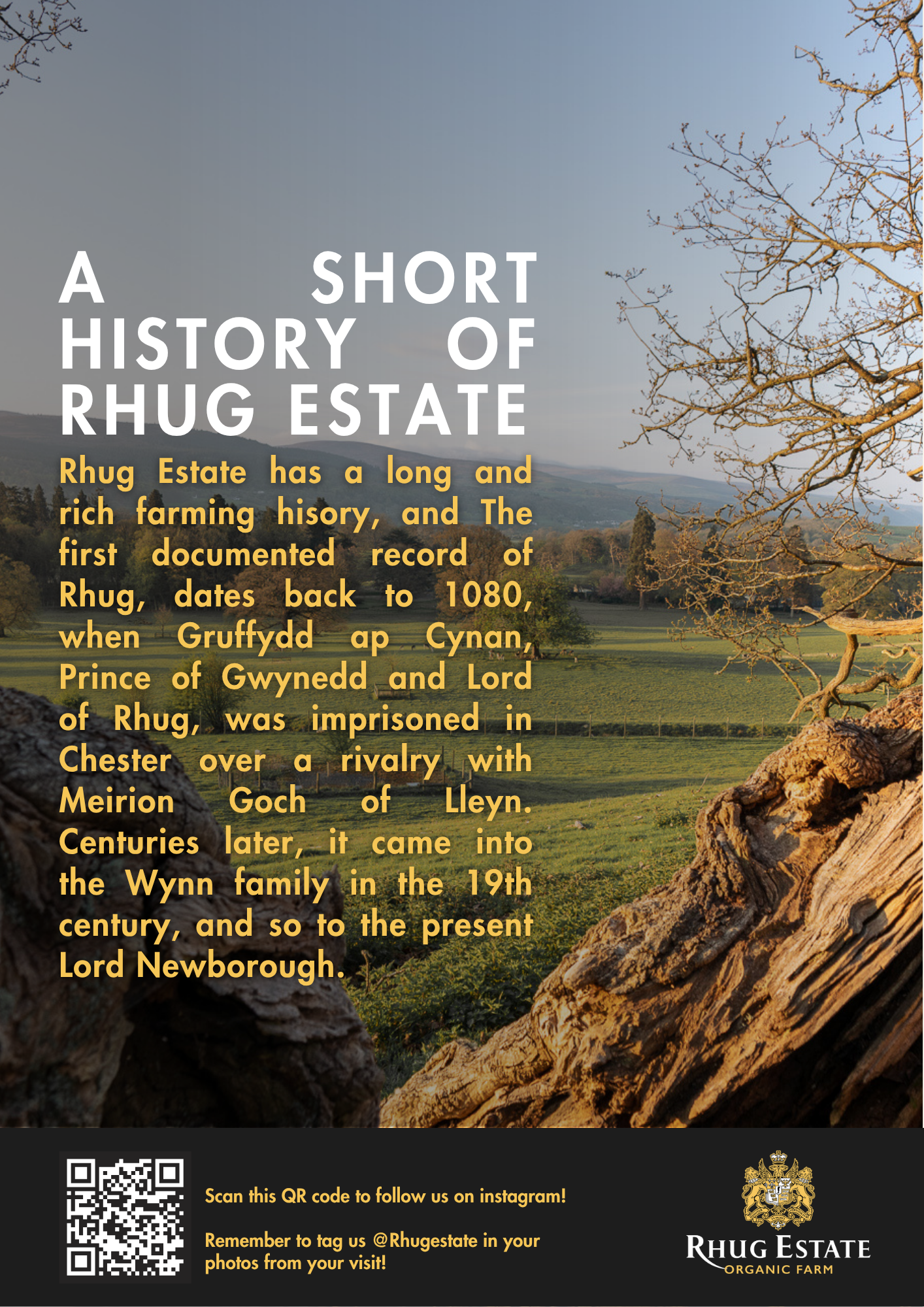 Landscape view of Rhug Estate with trees, rolling hills, and a clear sky. Overlaid text discussing the history of Rhug Estate, its farming background, and ownership lineage. A QR code and Rhug Estate logo at the bottom.