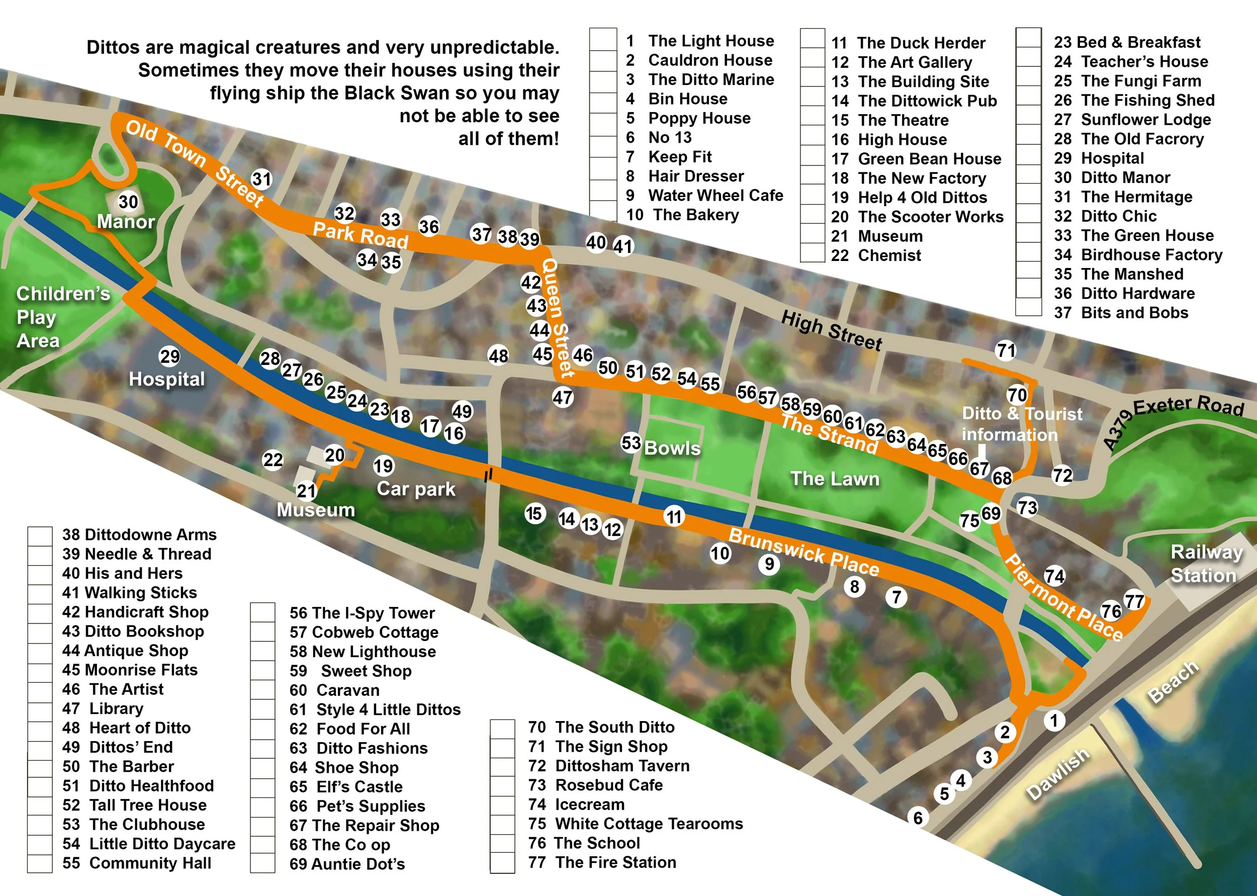 A map of Dawlish showing the locations of 77 Ditto Houses