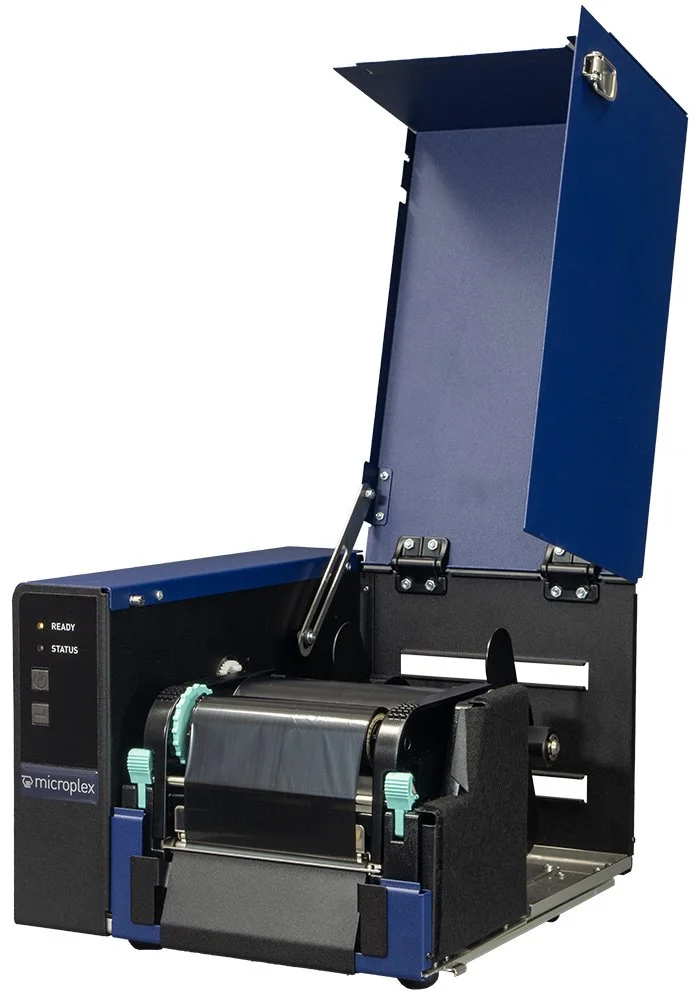 The Microplex TM4 mobile printer with cover up.  This is designed for forklift trucks and mobile workstations as it has an AC and DC power supply.  Sold supported and serviced in the UK through Precision Peripherals Ltd