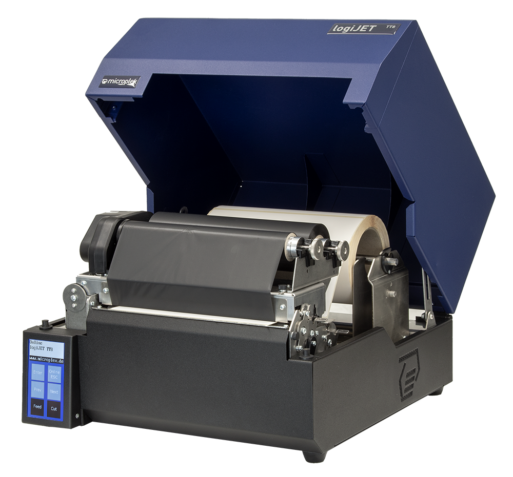 Microplex logijet TT8 8 inch label transfer label printer left hand profile with its cover open so you can see the ribbon and label
