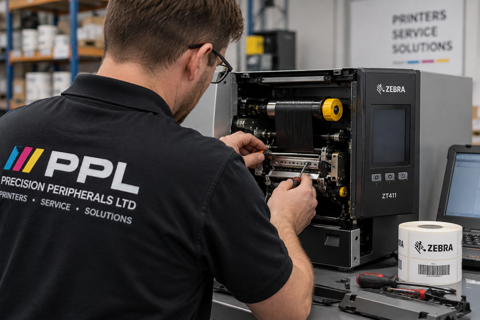 PPL printer engineer working on Zebra industrial printer