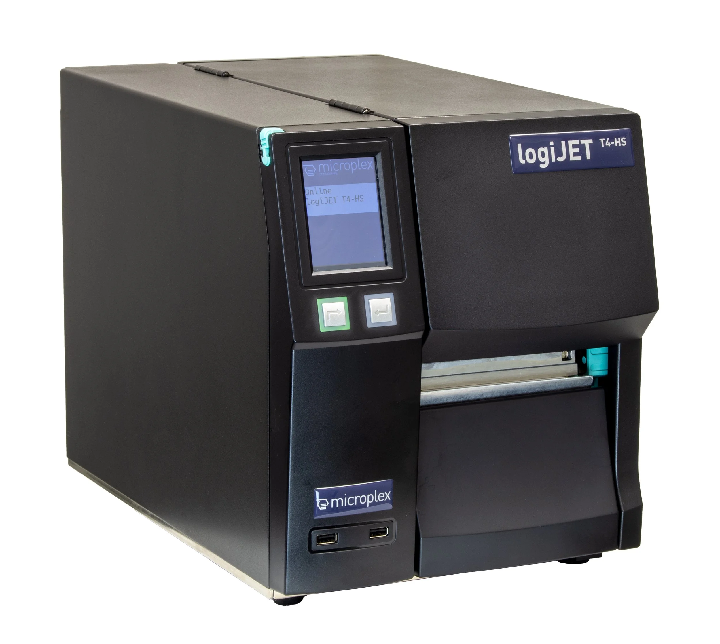 The Microplex logiJET T4-HS high speed industrial thermal printer as seen from the right hand side.   Sold and supported by Precision Peripherals in the UK.