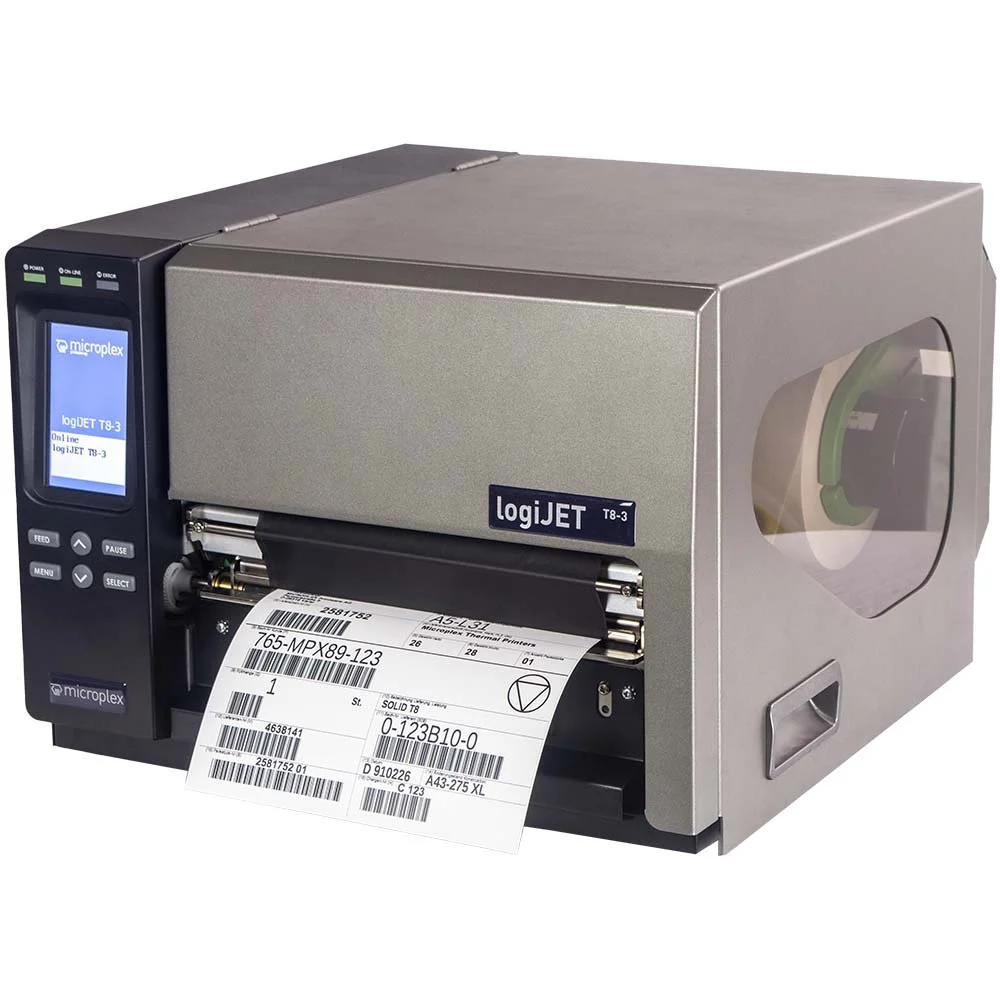 Microplex thermal transfer robust printer - the logiJET TC8-3 as seen from the the left with a label sticking out of it.