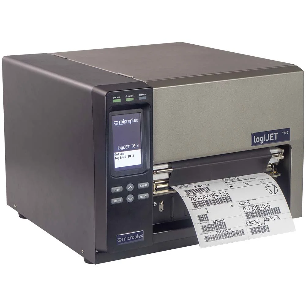 Microplex logiJET T8-3 robust industrial thermal printer which is sold supported and service throughout England, Wales and Ireland through Precision Peripherals.  Right