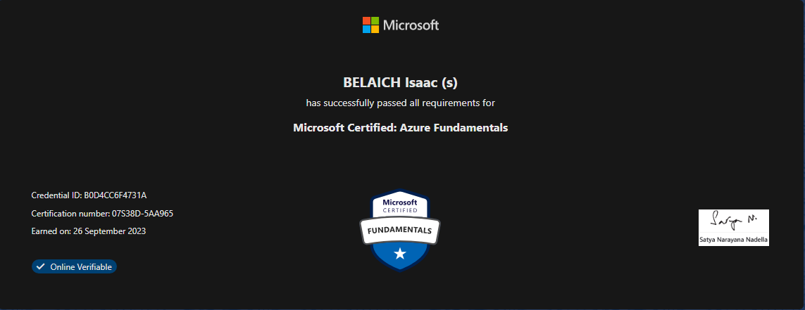 Digital certificate for Microsoft Azure Fundamentals certification awarded to Isaac Belaich on September 26, 2023, with verification badge and signature.
