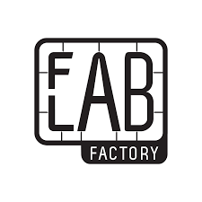 Logo for EAB Factory with stylized text in black and white