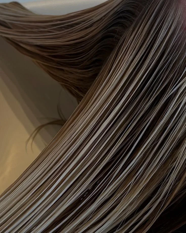 Close-up of flowing, shiny hair strands with a mixture of light brown and blonde highlights.