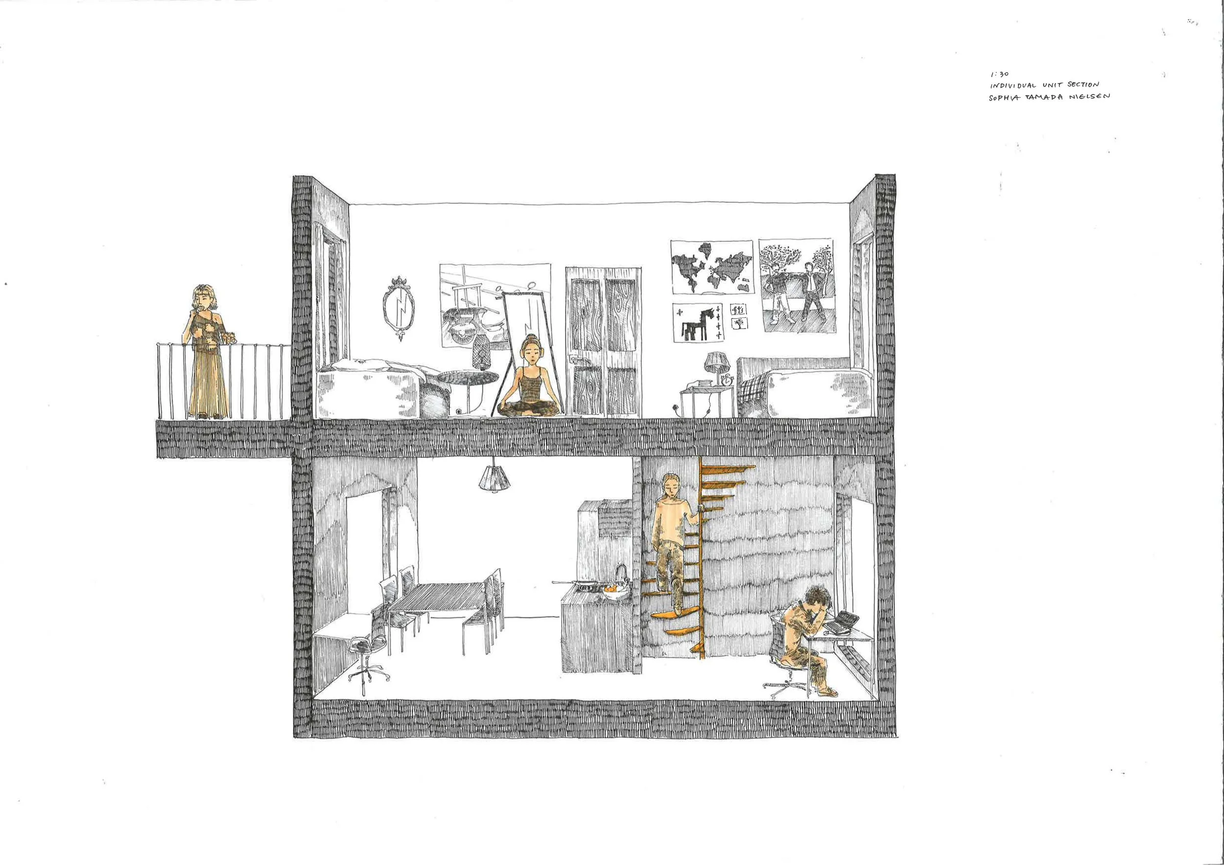 Inhabited Single Unit Section
1:30 at A3
Fineliner and marker on cartridge paper