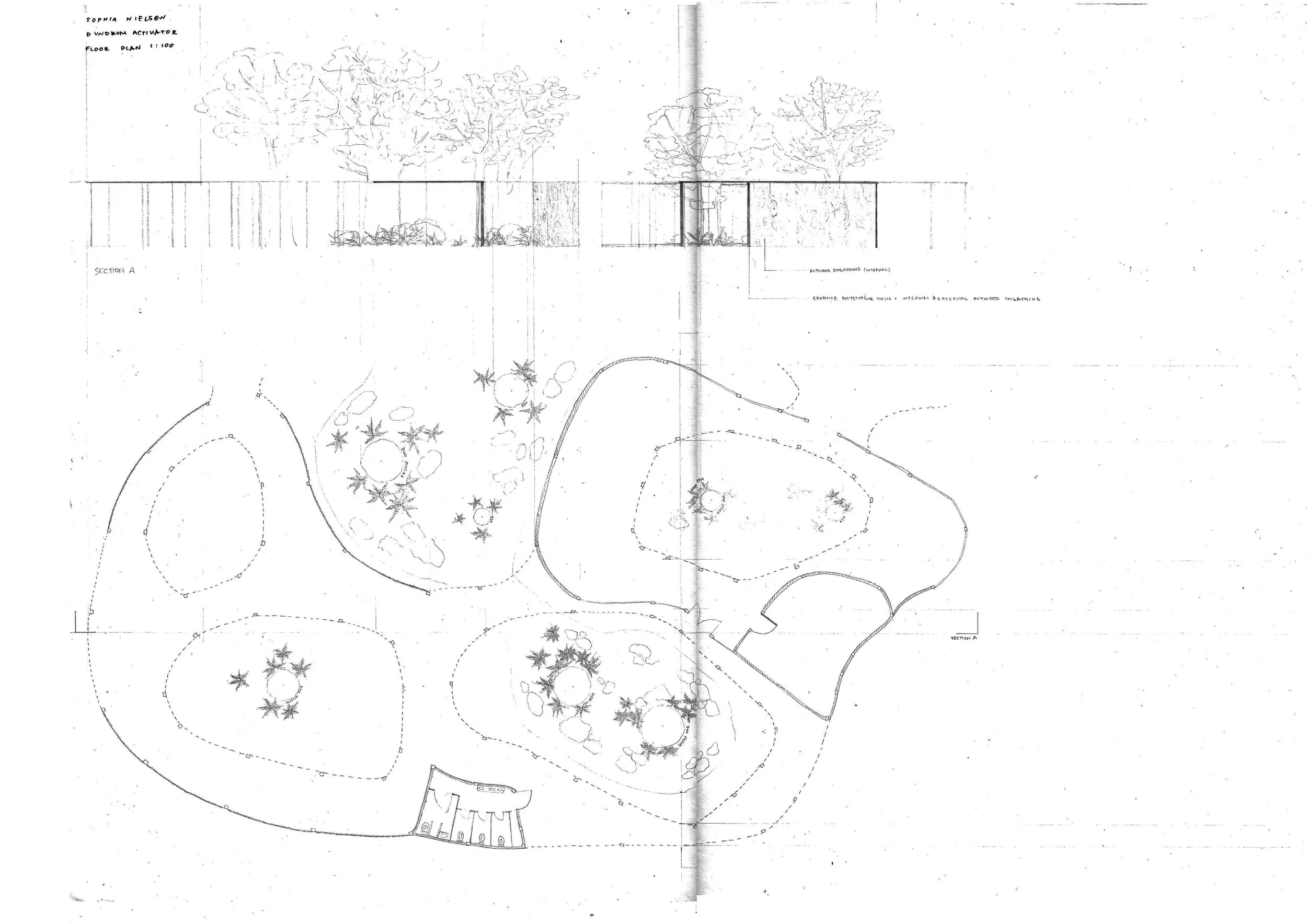 1:100 Floor Plan and Pulled-out Section
Hand drawn
Graphite pencil