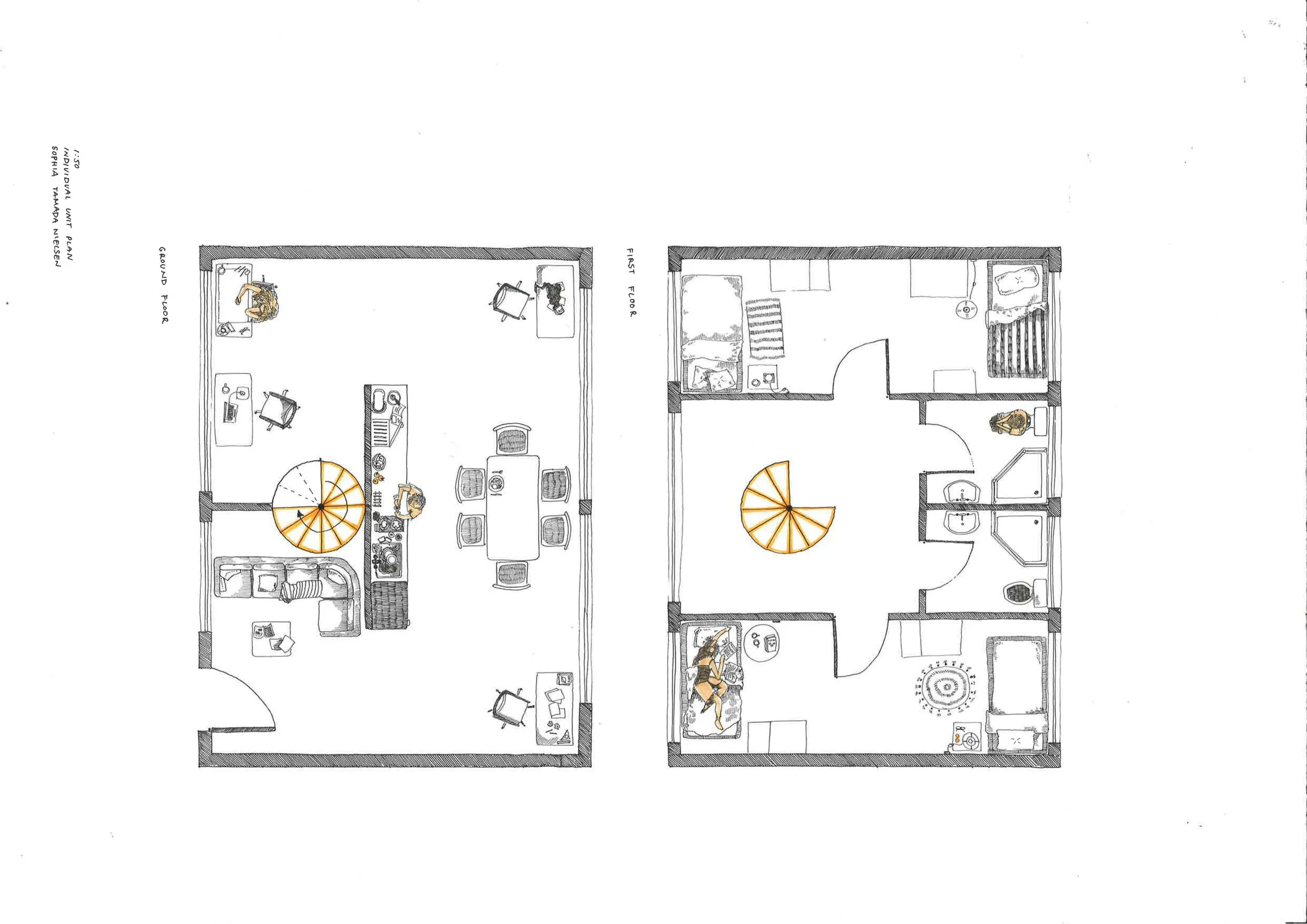 Inhabited Single Unit Plans
1:50 at A3
Fineliner and marker on cartridge paper