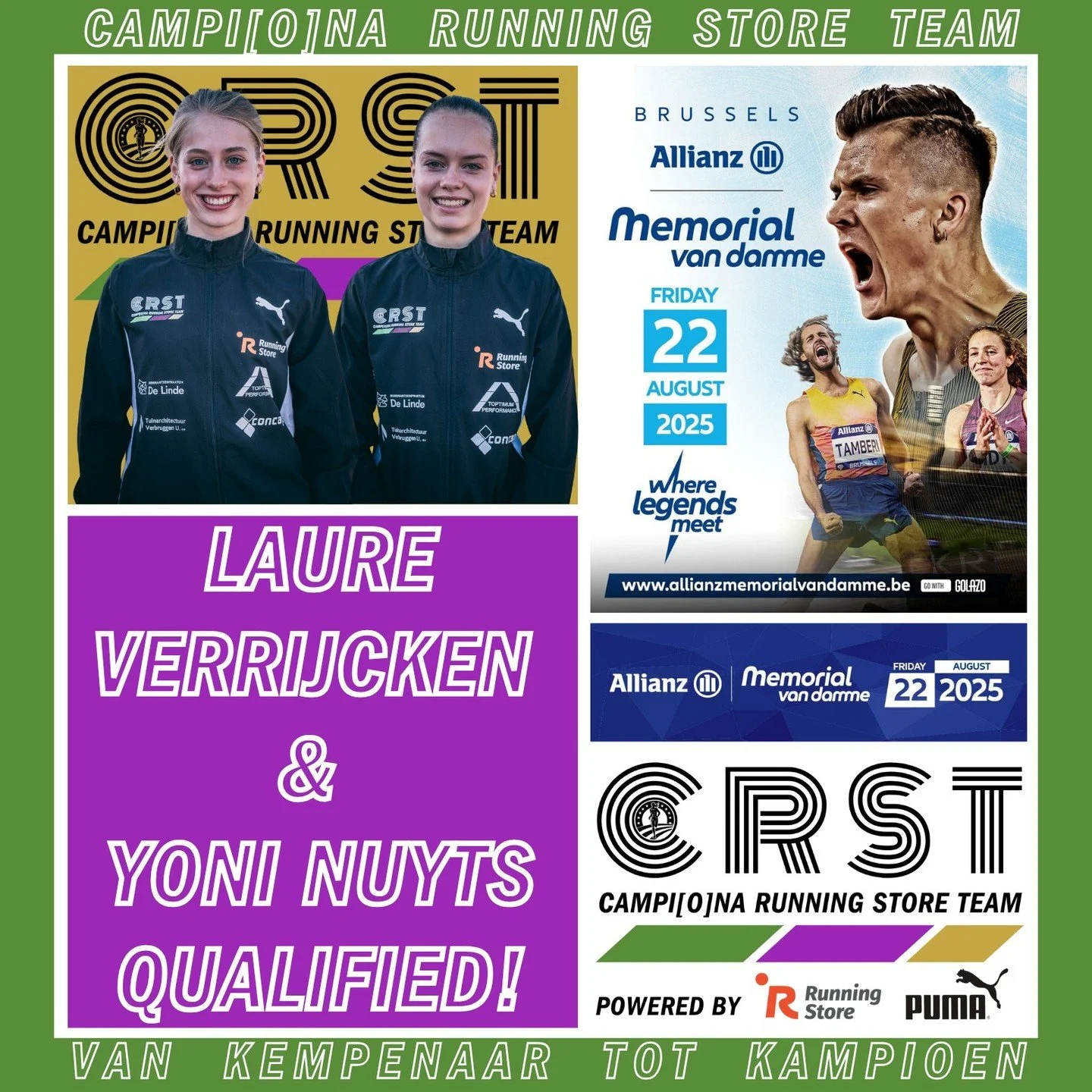 Twee CRST atleten zijn geselecteerd voor deelname aan de 1000m van het Youth programma op de Memorial Van Damme Golden League meeting op vrijdag 22 augustus 2025.

Hiervoor moesten U18 atleten op 21 juli bij de 16 beste van Belgi&euml; in de national