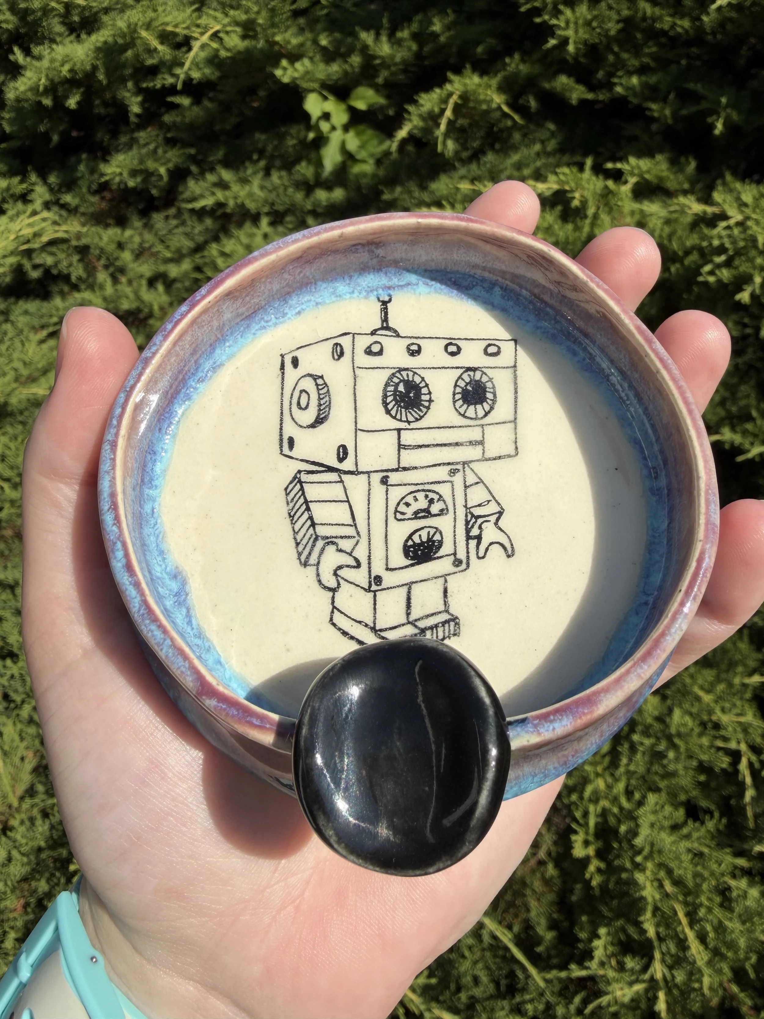 Robot ashtray with Speedball midfire blue flame glaze